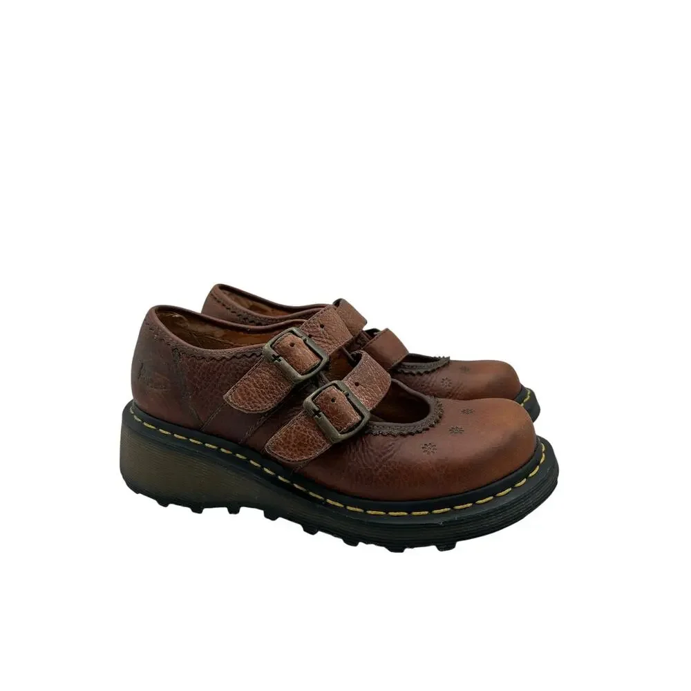 RARE Vtg Dr. Martens Women's 9Brown Leather Daisy Flower ShoesChunky Mary Jane - Picture 8 of 11